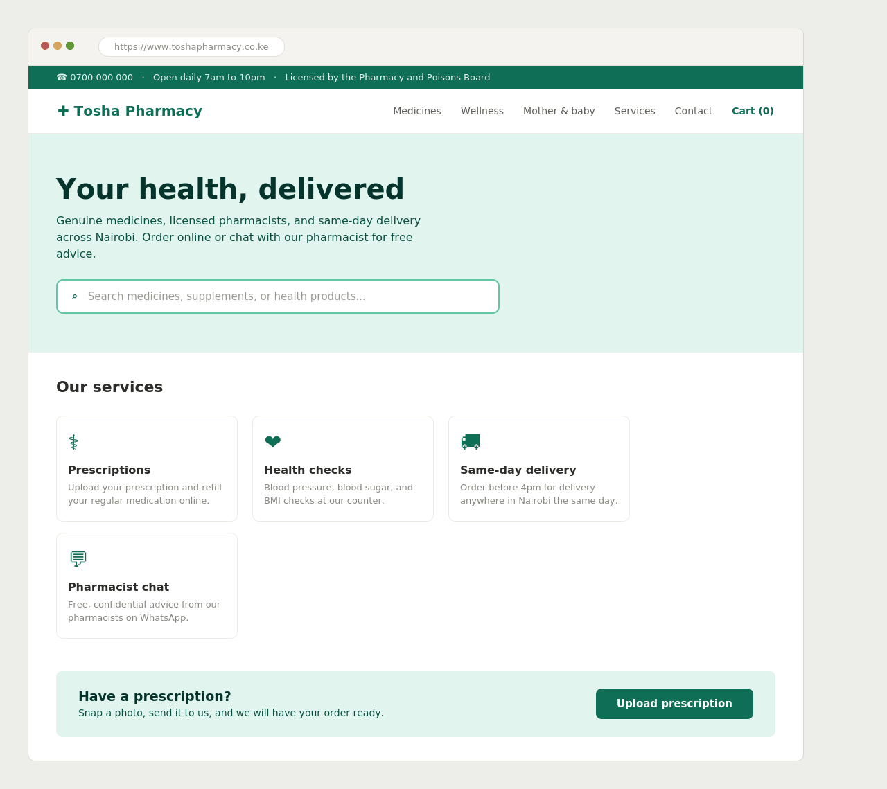 Tosha Pharmacy website built by TechKonnect Africa